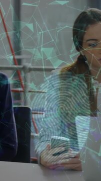 Animation of network of connections with padlock icon over diverse business people at office