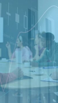 Animation of financial data processing over diverse business people in office
