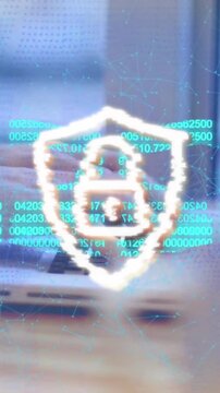 Animation of padlock in shield, numbers in blockchain, connected dots, cropped hands using laptop
