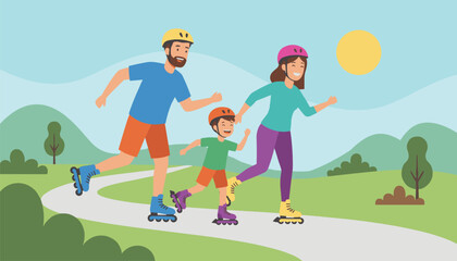 Fototapeta premium Active young family with a happy little child roller skating together on a path in the city park on a sunny day.