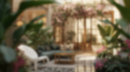 Fototapeta premium Dreamy Blurred Interior Living Space with Lush Tropical Plants and Flowers.