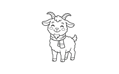 Fototapeta premium Cute cartoon baby goat with horns and a scarf standing on a white background