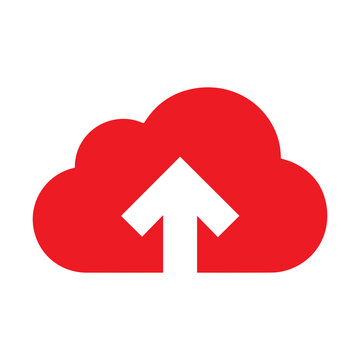 Red cloud icon featuring a prominent upward-pointing arrow signifies data migration, remote access, and secure online sharing.