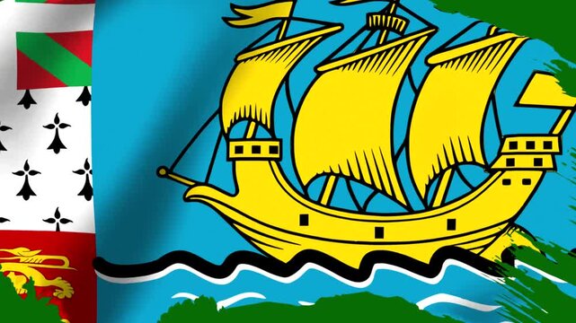 Waving flag of Saint Pierre and Miquelon with detailed ship illustration and regional emblems