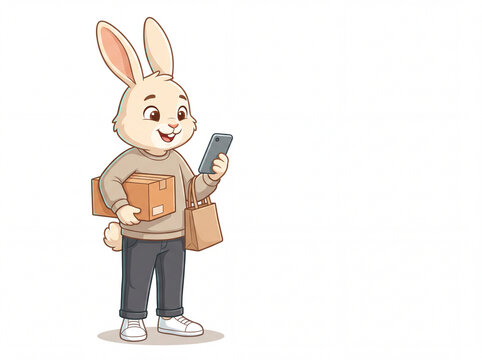 Cute rabbit character holding parcel box and checking smartphone