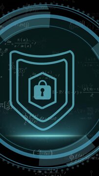 Cybersecurity shield with lock icon animation over mathematical equations on dark background