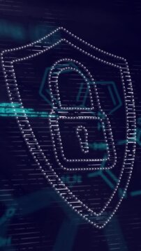 Digital lock and shield security animation over chemical formulas background