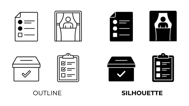 Election Icons: A collection of simplified graphic icons representing the process of voting and elections, featuring ballot papers, a polling booth, and a ballot box.