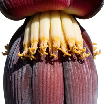 Closeup vibrant banana blossom unique structure color against white background. Visible stamens protrude from tubular appendages. Mottled deep wine red to deep maroon texture on protruding parts.