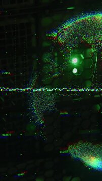 Glitch effect animation over digital globe and cityscape background