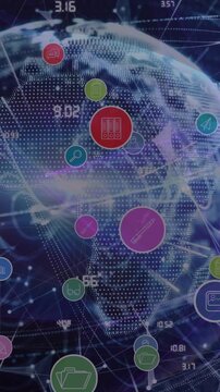 Animation of network of connections with icons and data processing over world map