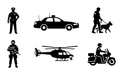 Police Icons Set: Officer, Patrol Car, K9 Unit, SWAT, Helicopter, Motorcycle Officer © Arko