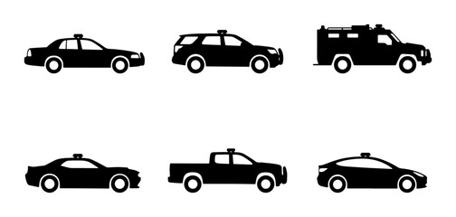 Police Car Icons, Law Enforcement Vehicles, Security Transport, Black Silhouette Set © Arko
