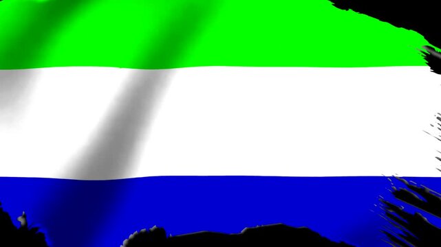Waving flag of Sierra Leone featuring vibrant green white and blue horizontal stripes with a distressed torn edge texture