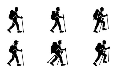 Naklejka premium Hiking Silhouette Icons, Trekking Man Vector Set, Outdoor Adventure Graphic Elements