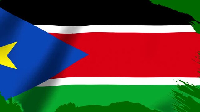 Waving flag of South Sudan with artistic brush stroke border design