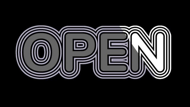 OPEN text sign in retro neon style, layered rounded bold letters, grey fill with light purple glowing outline, vintage 3D typography effect, store and business open indicator, retro futuristic design.