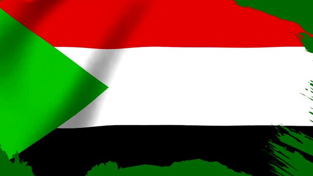Waving flag of Sudan featuring red white and black horizontal stripes with a green triangle