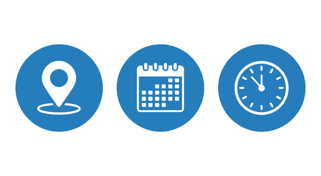 Location pin calendar time icons indicating scheduling, planning, appointments, dates, events, navigation, and time management.