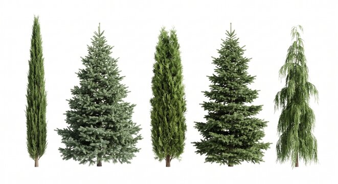 Collection of evergreen pine and cypress trees on white background