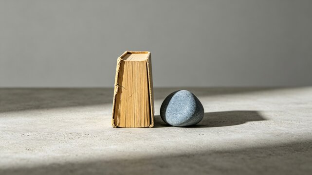 Old book and smooth stone on concrete