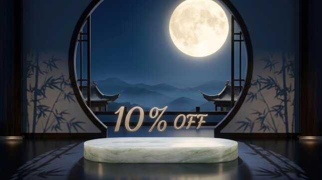 A product display podium for a ten percent discount promotion during the traditional mid autum festival china night celebration