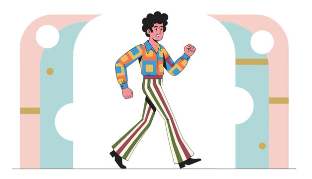 Stylish man dressed in seventies retro clothing with colorful geometric shirt and striped flare trousers walking.