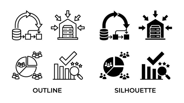 Data Analysis Icons: A collection of four icons representing data analysis and process flow, presented in both outline and silhouette styles.