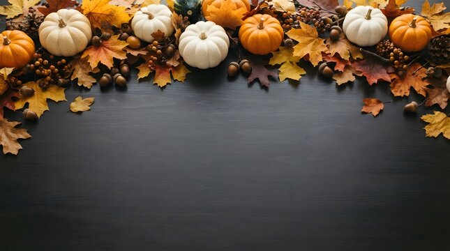 Autumn harvest border with pumpkins and leaves on dark wooden background