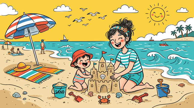 Bright cartoon illustration of a mother and toddler building a sandcastle together on a sunny beach with an umbrella, shells, and seagulls.