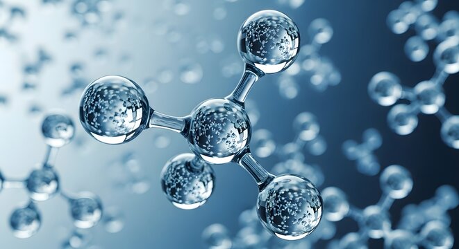 3D silver molecular structure model with water droplets on blue abstract science background