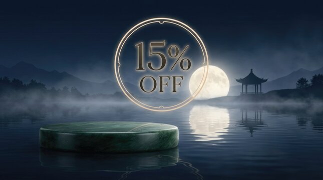 Elegant product display podium for mid autum festival china promotion featuring a glowing full moon and misty night background