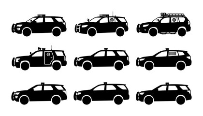 Emergency SUV Vector Icons, Police Patrol Car Graphics, Ambulance Vehicle Set, Rescue Service Silhouettes © Priyo