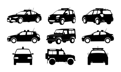 Police Car Silhouettes, Law Enforcement Vehicles, Security Patrol Cars, Vector Icons Set © Priyo