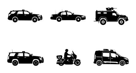 Police Vehicles Vector Icons, Law Enforcement Cars, Motorcycle, SUV, Armored Truck, Van © Priyo