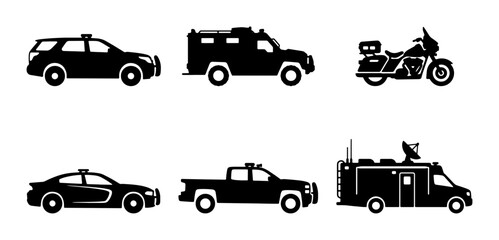 Police and Security Vehicles Vector Icons: Patrol Car, Armored Truck, Motorcycle, Pickup, Van © Priyo