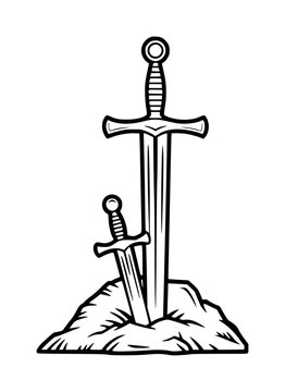 A black and white line of two medieval swords stuck into a mound of earth or stone ground