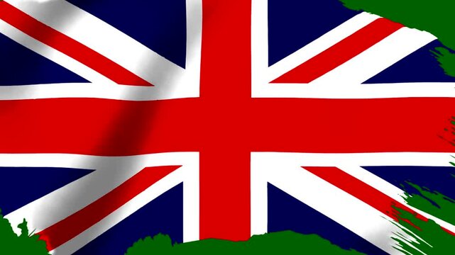 Waving flag of the United Kingdom with a grunge style green border frame