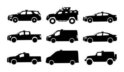 Police Vehicle Icons Set: Law Enforcement Cars, SUVs, Trucks, and Vans, Black Silhouette Vector Graphics © Priyo