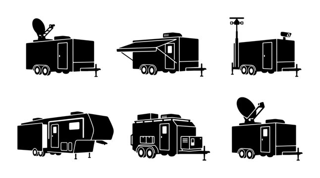 Mobile Command Center Trailers, Satellite Dish Units, and Communication Vans, Vector Icons Set