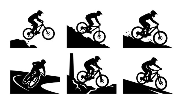 Mountain Bike Silhouette Icons, Extreme Sports Cyclist Action, Downhill Bicycle Vector Set