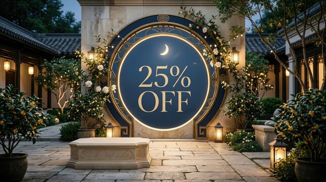 Elegant promotional banner for mid autum festival china featuring a decorative circular moon gate and festive golden garden lighting
