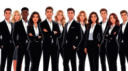 Obraz premium Group of five business professionals stand, two women, three men, dressed in business attire on white background. One man crosses arms, another stands hands in pockets with smile, woman with blond