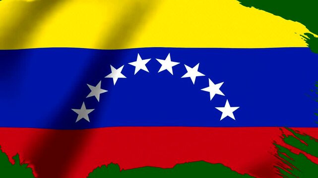 Waving flag of Venezuela featuring yellow blue and red horizontal stripes with an arc of white stars
