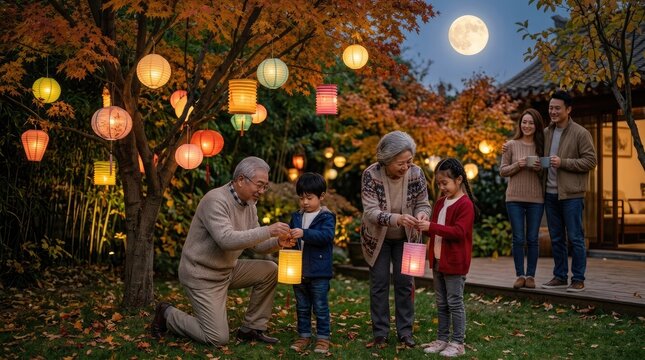 A happy multi generational family celebrates the traditional mid autum festival china by holding colorful glowing lanterns at night