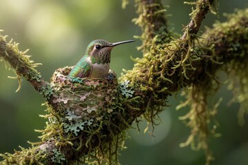 Naklejka premium Anna hummingbird sits on nest. Tiny bird protects eggs in mossy tree branch. Nature scene shows small bird nesting in green forest. Wildlife photography captures bird life.