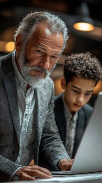 Senior Mentor and Young Professional Working Together on a Laptop in a Modern Office