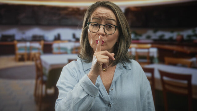 Hispanic senior woman with grey hair holds finger to lips for silence in a restaurant dining room, wearing glasses and light blouse; quiet reflection.