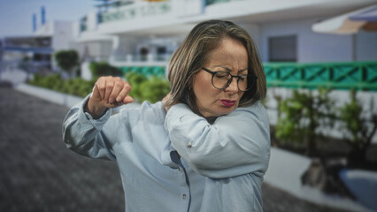 Fototapeta premium Woman rubbing her shoulder and holding upper arm by a green railing outside a white building on a sunny street; discomfort.