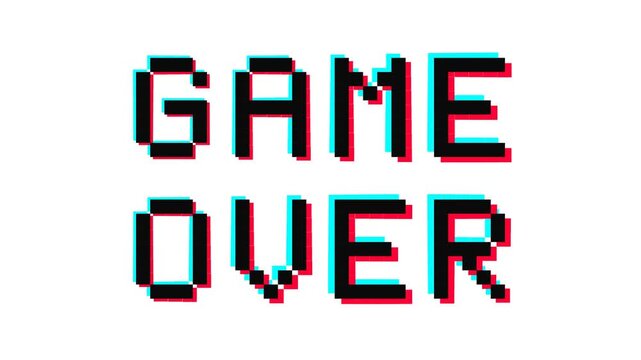 8-bit style Game Over sign animation footage with cyan and red chromatic aberration glitch effect
